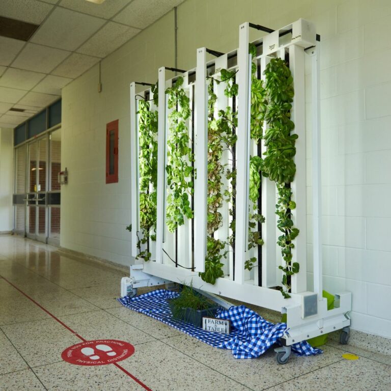 zipgrow education rack in a school hallway