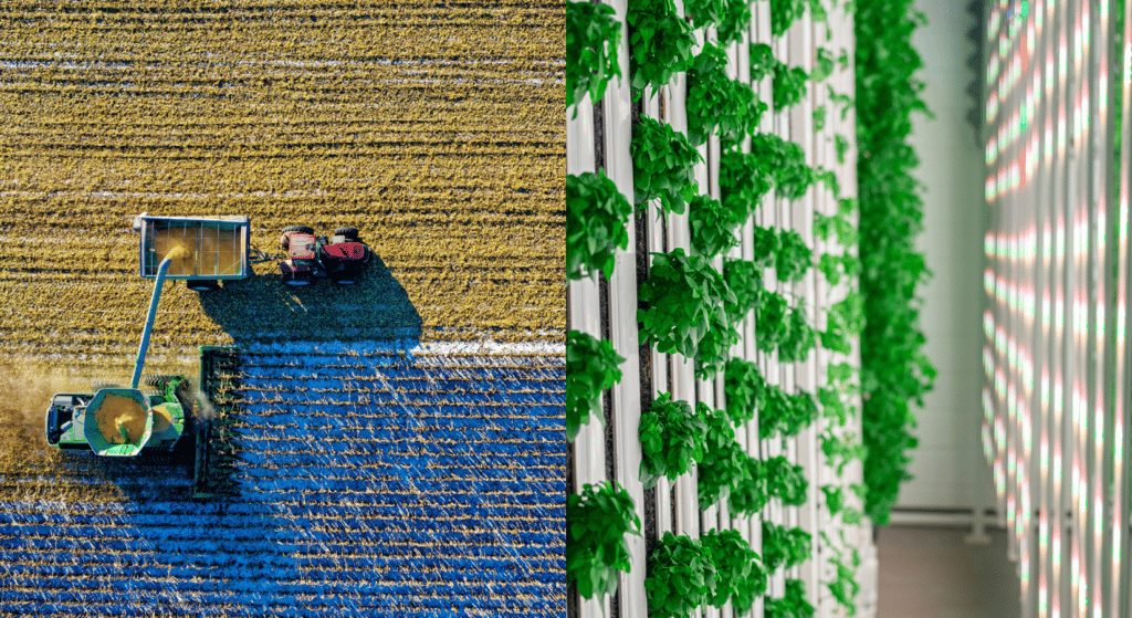 picture of a field and a hydroponic ZipFarm