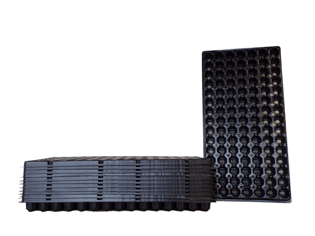 stack of black seedling trays for growfoam 2740-01 and 2740-03 plugs