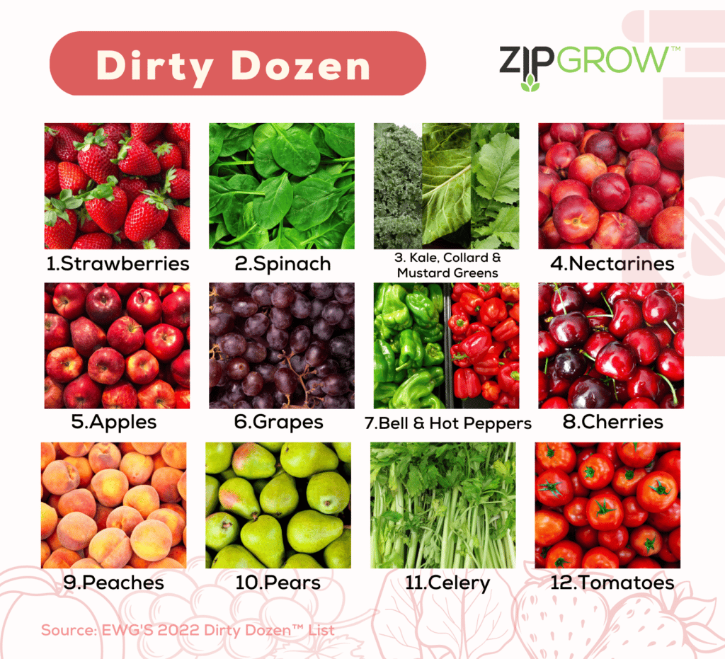 Pesticide dirty dozen list - strawberries, spinach, kale, collard & mustard greens, nectarines, apples, grapes, bell & hot peppers, cherries, peaches, pears, celery and tomatoes