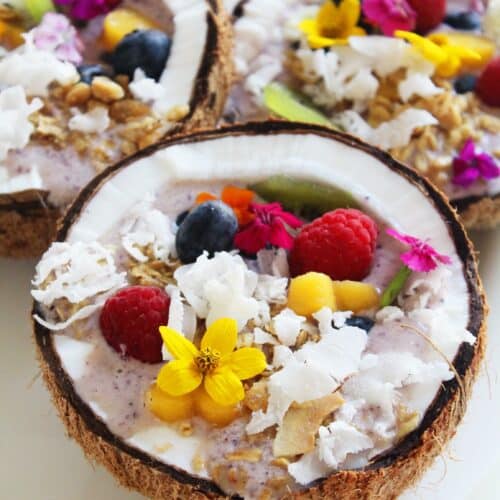 smoothie bowl in a coconut