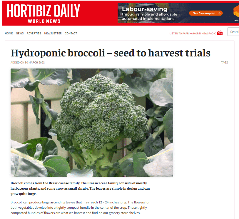 article posted by Hortibiz daily on hydroponic broccoli