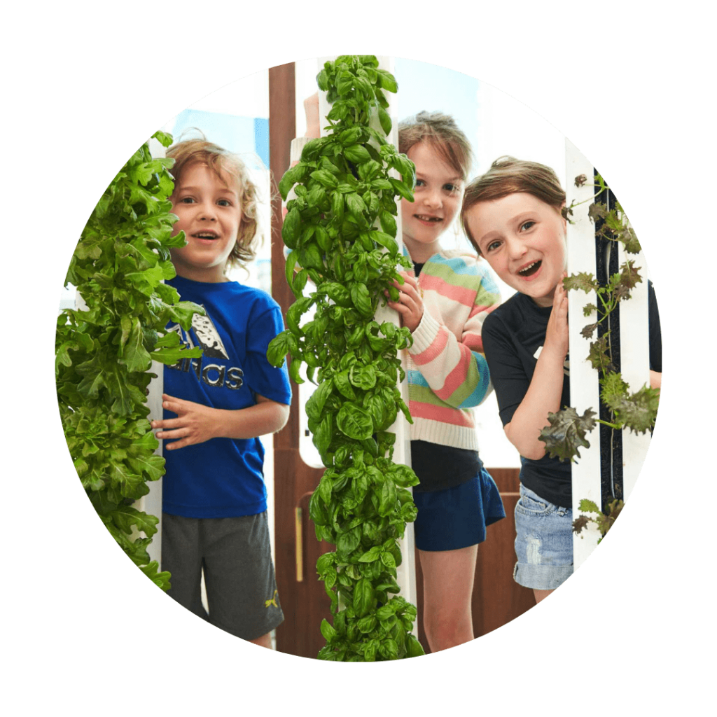Three kids holding towers with plants grown on them