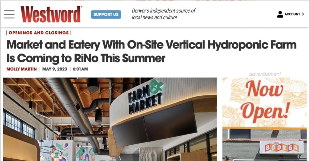 Westword article screenshot about on site vertical hydroponic farm on site