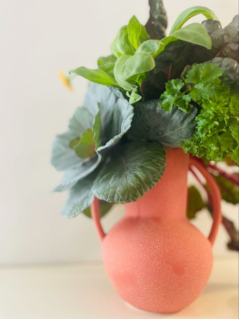greens in a pinkish red vase