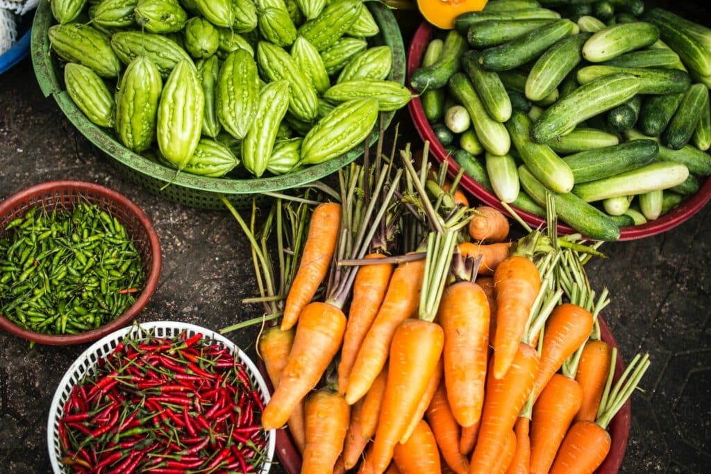 hot peppers, carrots, cucumbers and green things